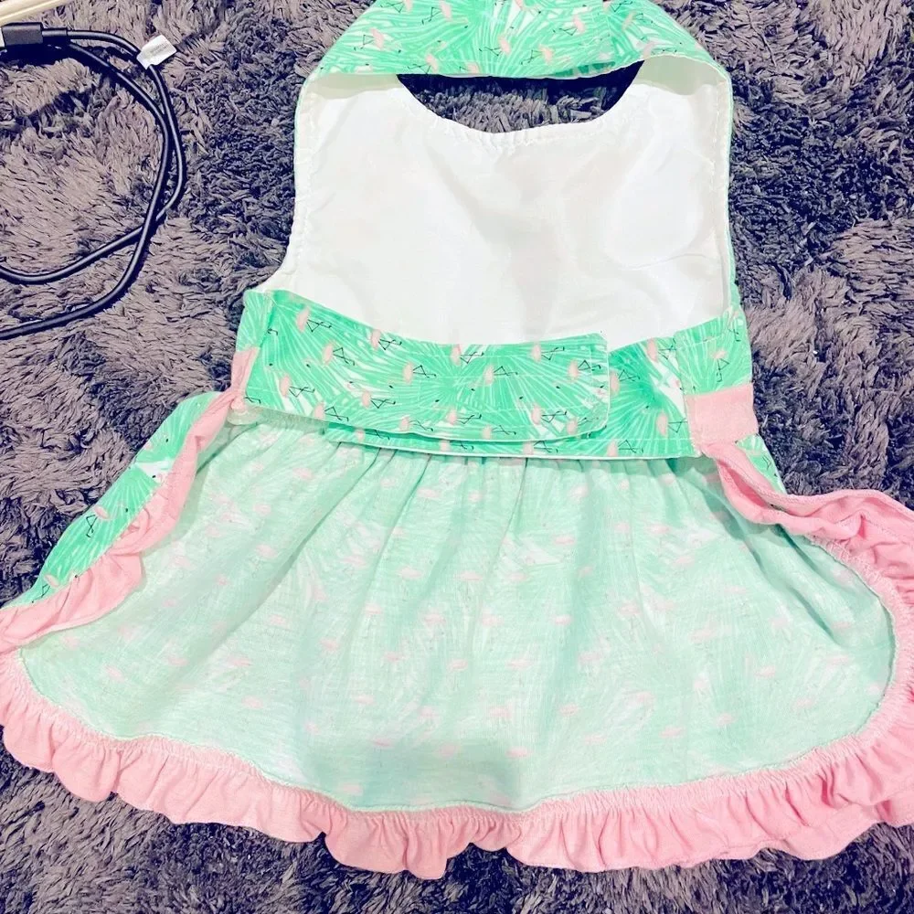 GREEN&PINK FLAMINGO RUFFLE AND BOW ADORABLE AND GIRLY DOG DRESS SIZE MED…